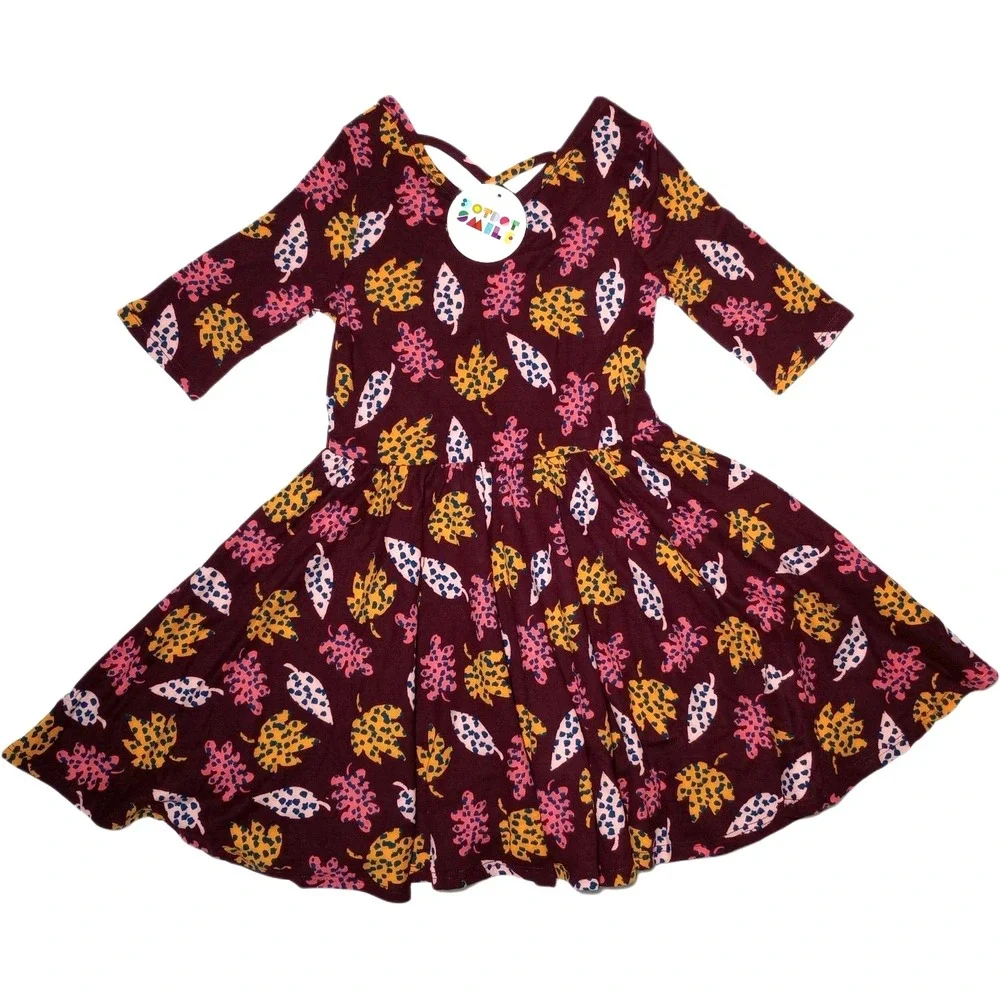 Dot‎ Smile Girls Sz 3 4 Purple Autumn Ballerina Dress Leaf Leaves 3/4 Sleeve NWT